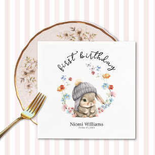Trendy Spring Bunny Floral First Birthday Napkin
