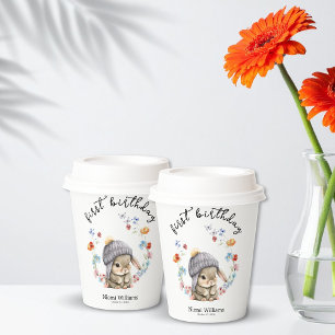 Trendy Spring Bunny Floral First Birthday Paper Cups
