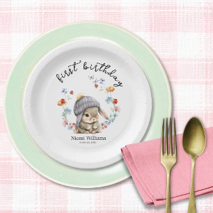 Trendy Spring Bunny Floral First Birthday  Paper Plate