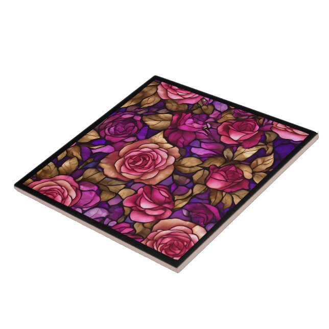 Trendy Stained Glass Roses Elegant Collection Ceramic Tile (Side)