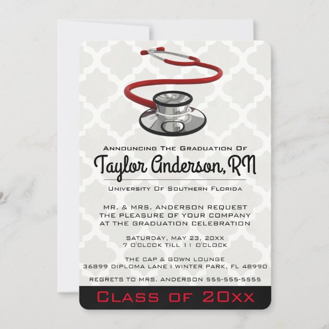 Trendy Stethoscope Medical School Graduation Invitation (Front)