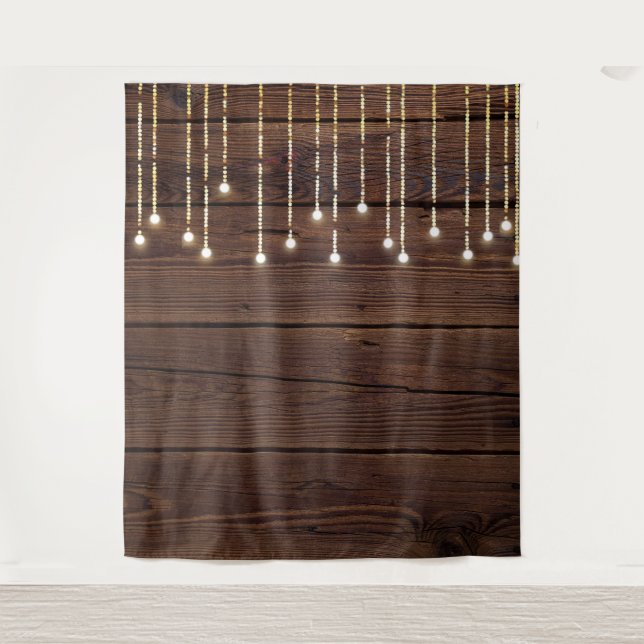 Trendy String Lights & Dark Wood Photo Booth Tapestry (Front)
