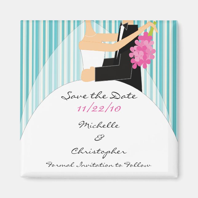Trendy Stripe Bride & Groom Save The Date Magnet (Front)