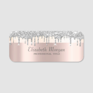 Trendy, Stripe Silver Glitter Drips,Rose Gold Name Tag