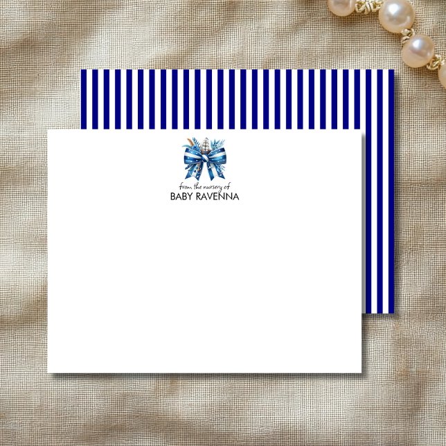Trendy Striped Navy Bow Cute Nursery Note Card (Creator Uploaded)