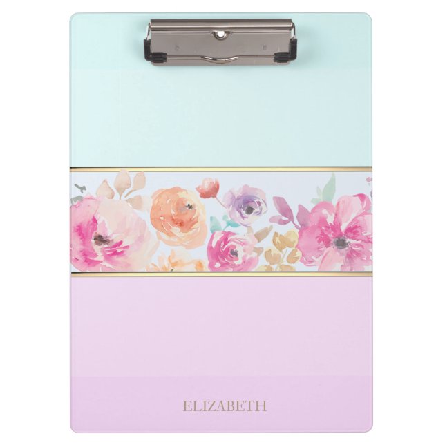 Trendy Striped,Watercolor Flowers-Personalised Clipboard (Front)