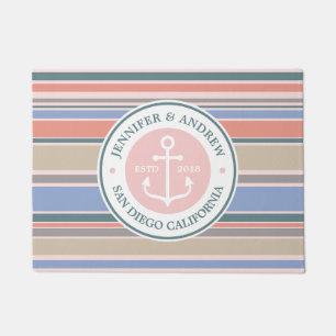 Trendy Stripes Monogram Anchor Pink Nautical Beach Doormat