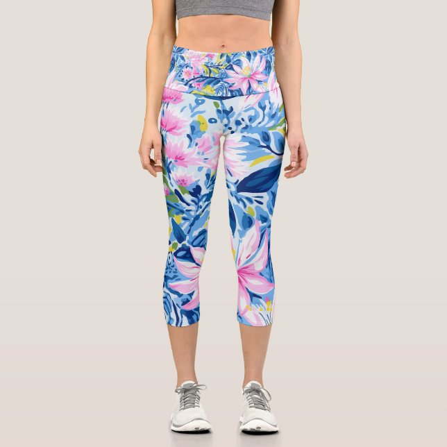 Trendy Stylish Blue Pink Lilly Floral Pattern  Capri Leggings (Front)