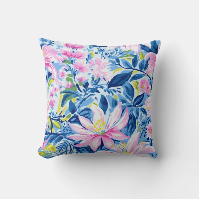 Trendy Stylish Blue Pink Lilly Floral Pattern  Cushion (Front)