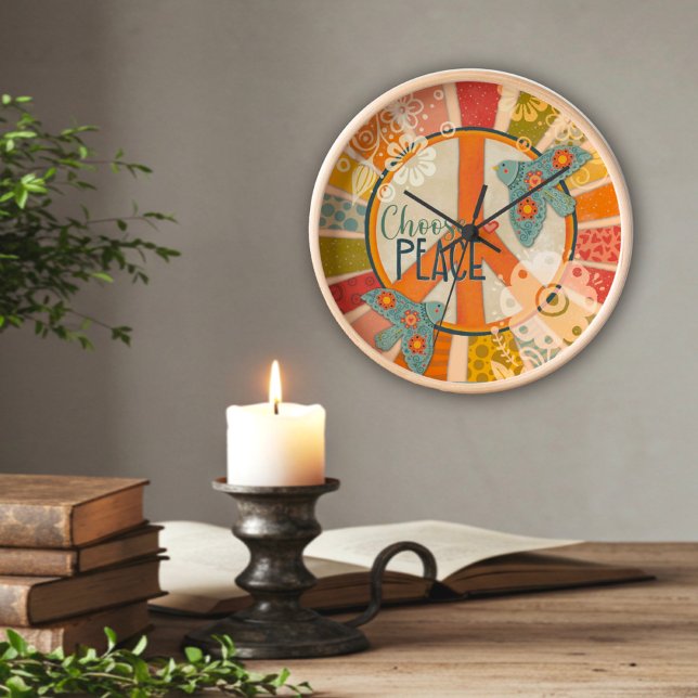 Trendy Stylish Choose Peace Quote Retro Folk Clock (Creator Uploaded)