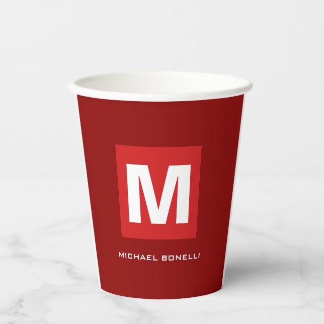 Trendy stylish dark red white monogram your name paper cups (Front)