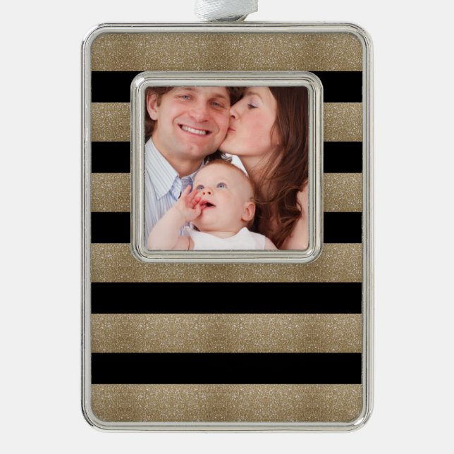 trendy stylish geometric black and gold stripes silver plated framed ornament (Front)
