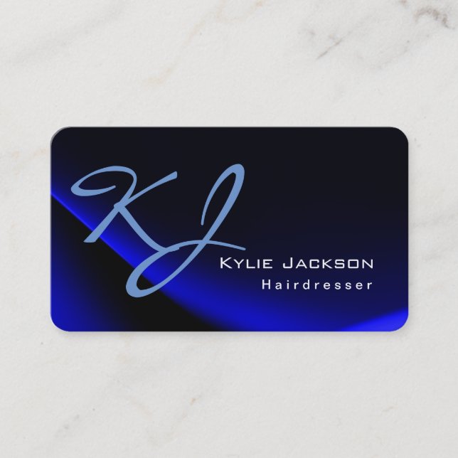 Trendy Stylish Monogram Blue Hairdresser Business Card (Front)