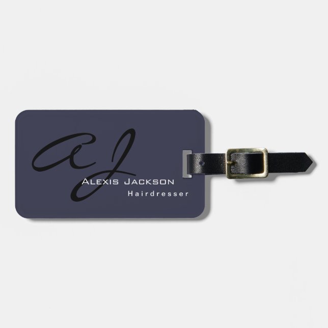 Trendy Stylish Monogram Dark Grey Blue Luggage Tag (Front Horizontal)