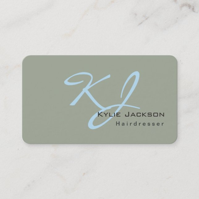 Trendy Stylish Monogram Grey Blue Hairdresser Business Card (Front)