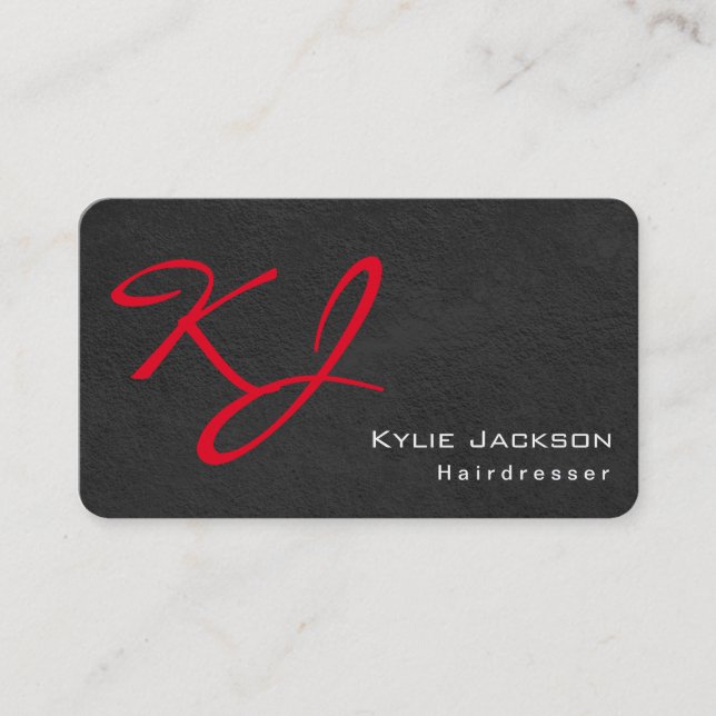 Trendy Stylish Monogram Grey Red Hairdresser Business Card (Front)