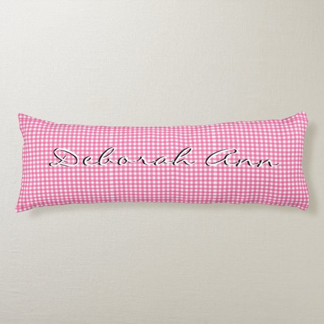 Trendy Stylish Pink Gingham Personalised  Body Cushion (Front)