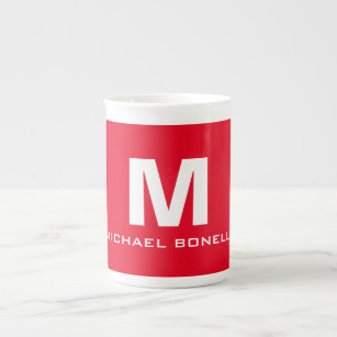 Trendy stylish red white monogram your name bone china mug