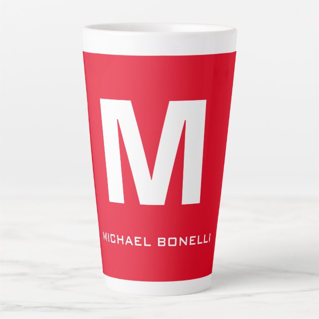 Trendy stylish red white monogram your name latte mug (Front)