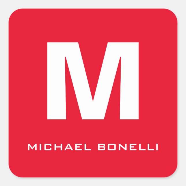 Trendy stylish red white monogram your name square sticker (Front)