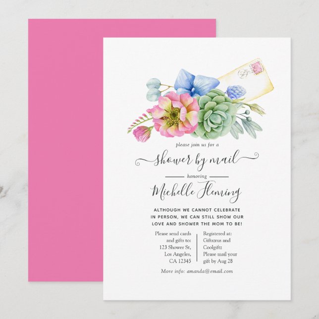 Trendy Succulent Floral Baby Shower by Mail Invitation (Front/Back)