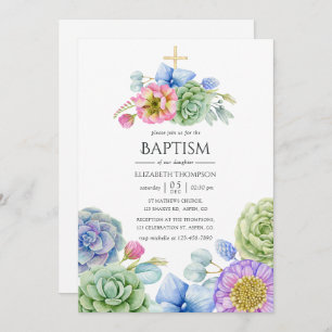 Trendy Succulent Floral Baptism Invitation