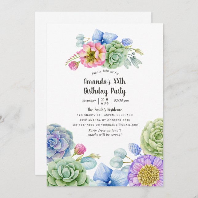 Trendy Succulent Floral Birthday Party Invitation (Front/Back)