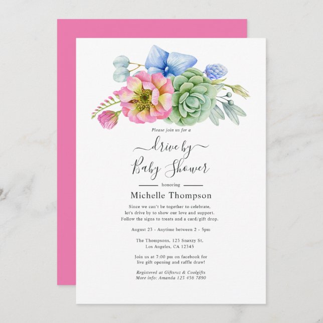 Trendy Succulent Floral Drive By Shower Invitation (Front/Back)