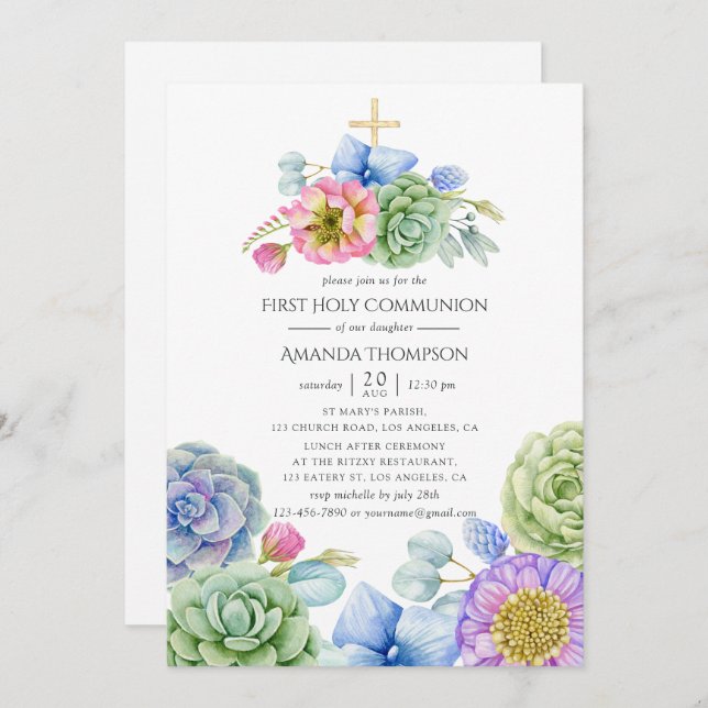 Trendy Succulent Floral First Holy Communion Invitation (Front/Back)