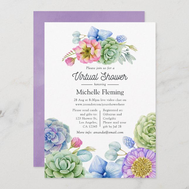 Trendy Succulent Floral  Virtual Baby Shower Invitation (Front/Back)