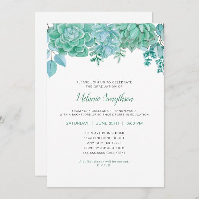 Trendy Succulents graduation party invite (Front/Back)