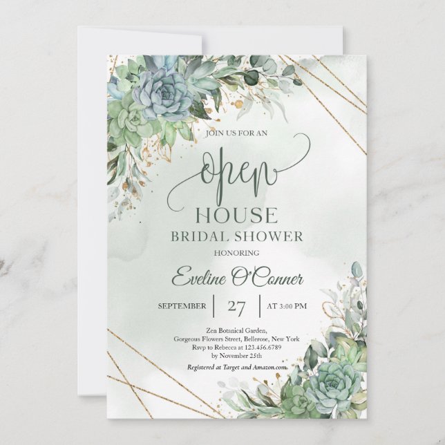 Trendy succulents green and white gold Open House Invitation (Front)