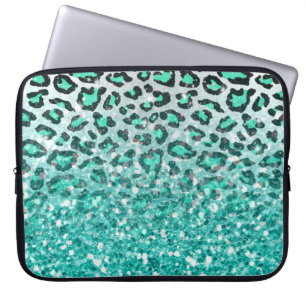 trendy summer aqua green leopard animal print laptop sleeve