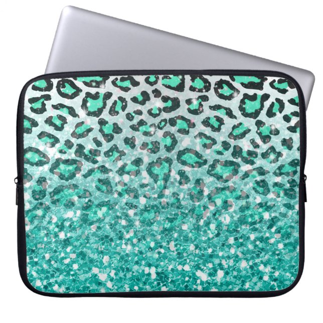 trendy summer aqua green leopard animal print laptop sleeve (Front)