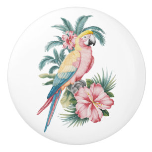 Trendy Summer beach Parrot and Hibiscus Flowers Ceramic Knob
