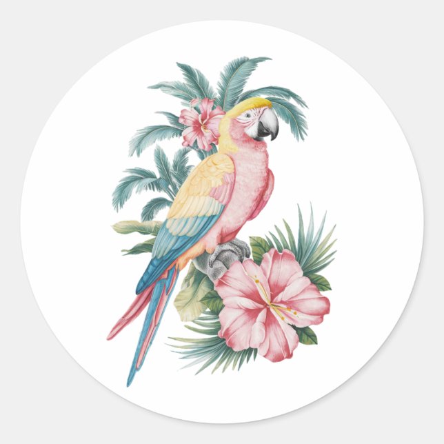 Trendy  Summer beach Parrot and Hibiscus Flowers   Classic Round Sticker (Front)