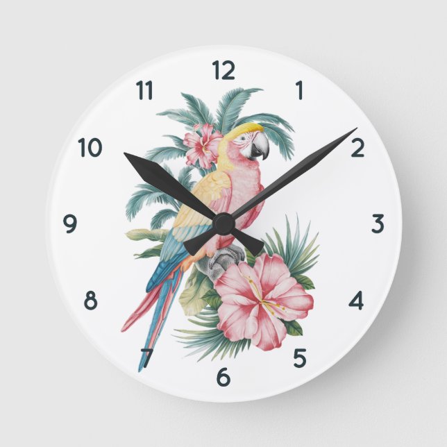 Trendy  Summer beach Parrot and Hibiscus Flowers   Round Clock (Front)