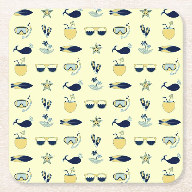 Trendy Summer Icons Pattern Square Paper Coaster (Front)