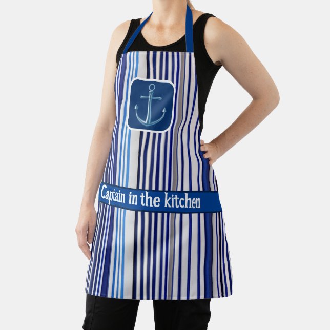 Trendy Summer Navy Blue Boat Stripes Collection Apron (Insitu)
