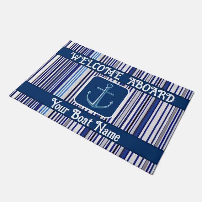 Trendy Summer Navy Blue Boat Stripes Collection Doormat (Angled)