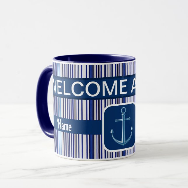 Trendy Summer Navy Blue Boat Stripes Collection Mug (Front Left)