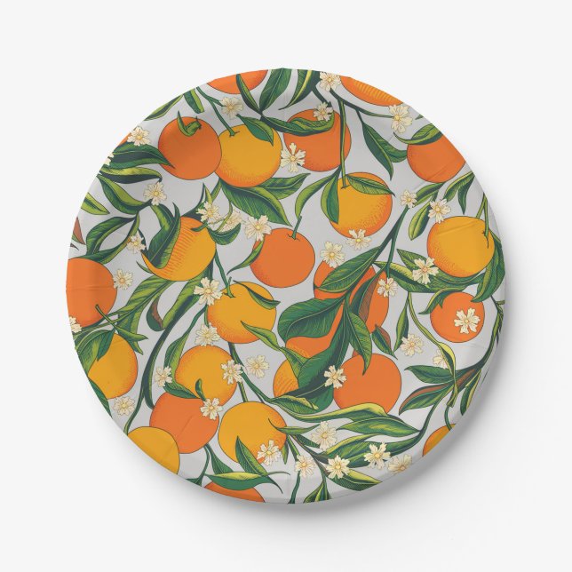 Trendy Summer Oranges Citrus Fruit Blossom Pattern Paper Plate (Front)