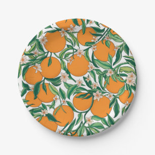Trendy Summer Oranges Citrus Fruit Blossom Pattern Paper Plate