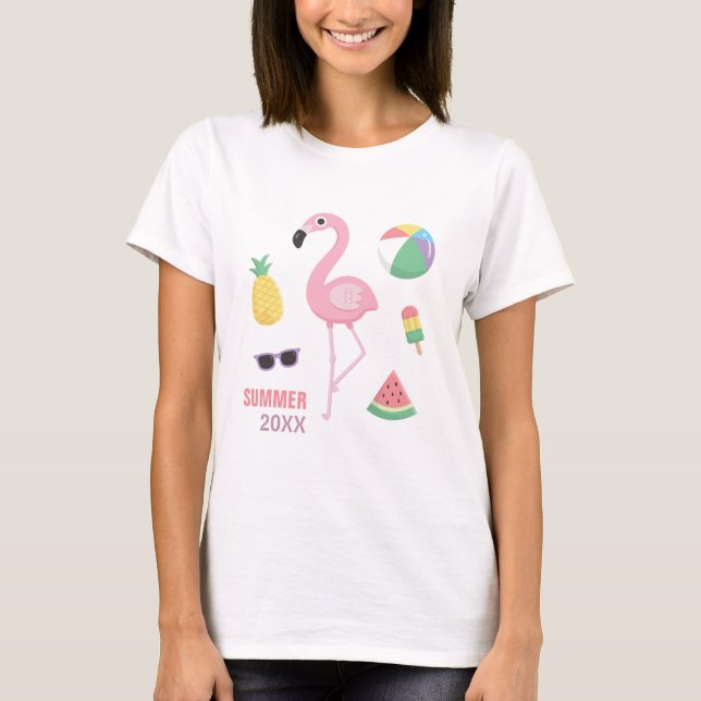 Trendy Summer Pink Flamingo Luau Girls Tee (Front)
