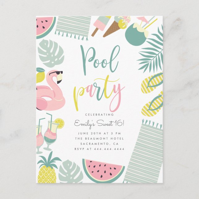 Trendy Summer Pool Party Script Sweet 16 Birthday Invitation Postcard (Front)