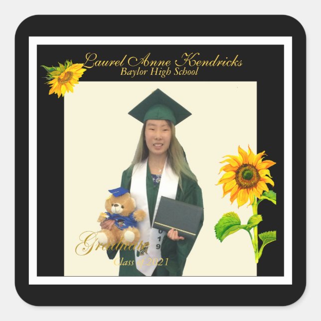 Trendy Sunflower Modern Text Graduate Photo  Square Sticker (Front)
