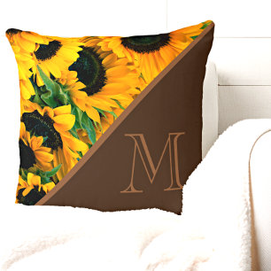 Trendy Sunflowers Clay Trim Monogram Cushion