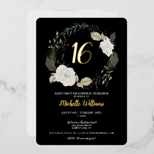 Trendy Sweet 16 Birthday Party Floral Black Gold
