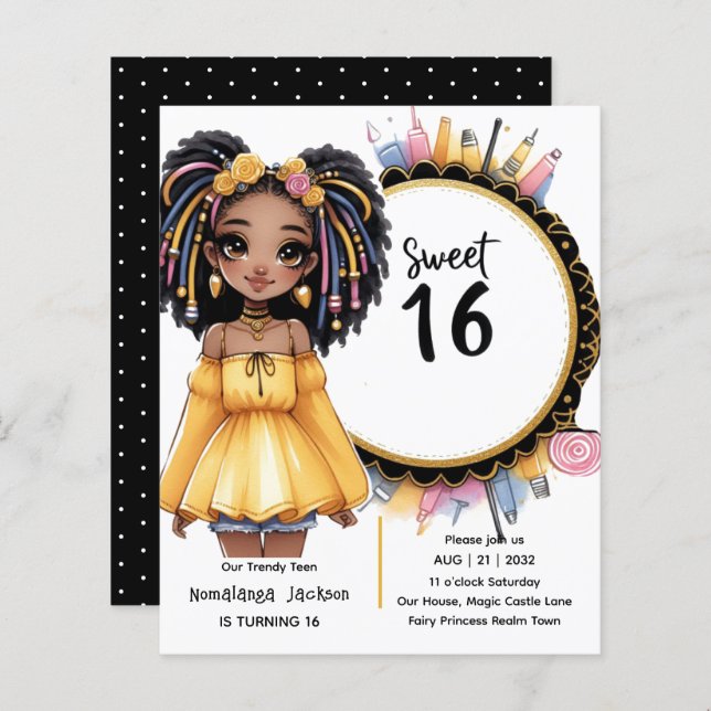 Trendy Sweet 16 Black Teen Birthday Black Gold (Front/Back)
