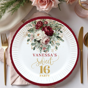 Trendy Sweet 16 Blush Burgundy Floral Plates